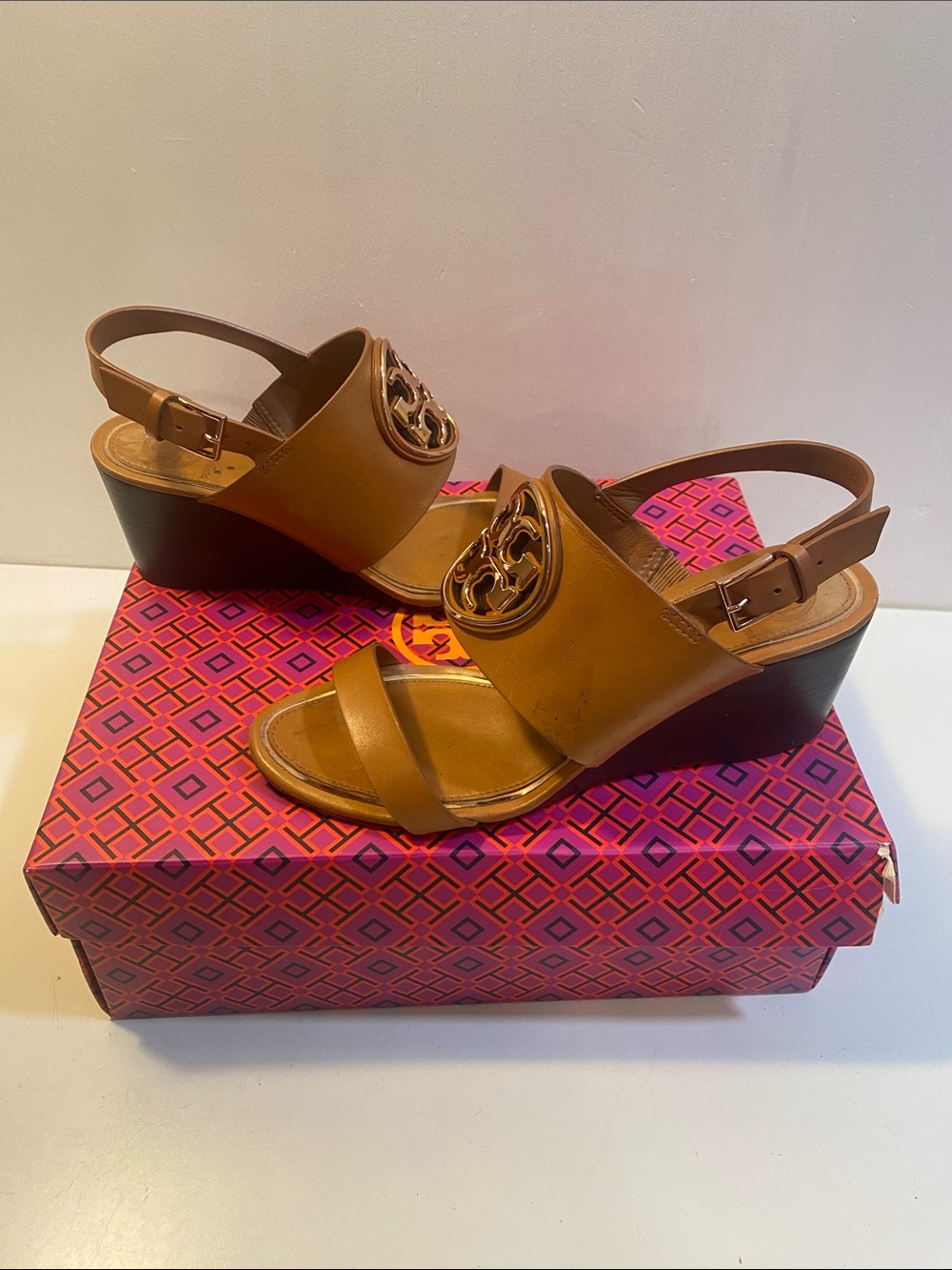 Tory Burch Brown Leather Wedge Sandals with Logo Medallion